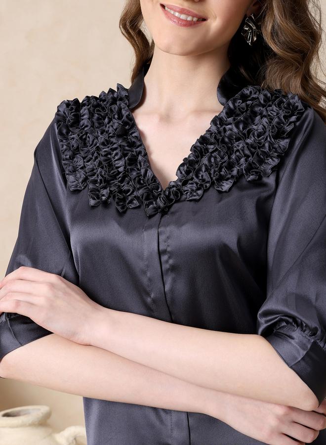 Mish Women Grey Satin Ruffle Neck Top - Image 1